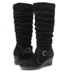 GEOX Suede Knee High Wedge Boots Black Crystal Buckle Slouchy Round Toe Zip Side